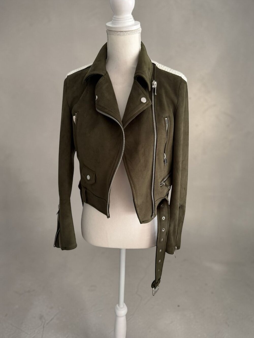 ZARA Basic Olive Green Vegan Motorcycle Jacket Size Small